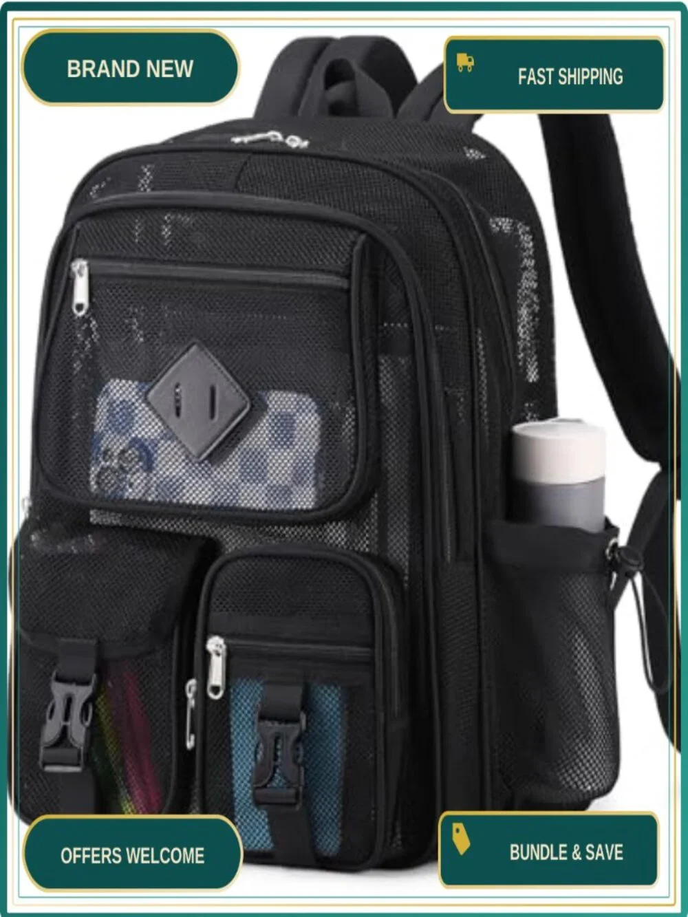 Heavy Duty Mesh Backpack See Through Net Bookbag for School Beach Swimming